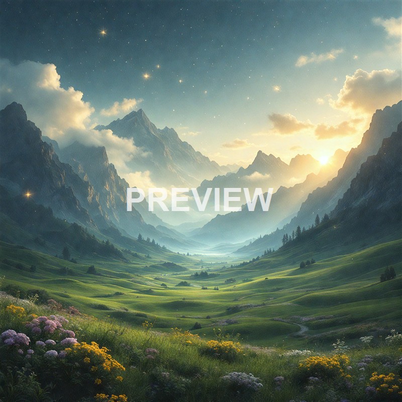 A scenic landscape featuring lush green rolling hills, a winding path, towering mountains in the distance, and a bright sun rising or setting behind clouds with a starry sky above.